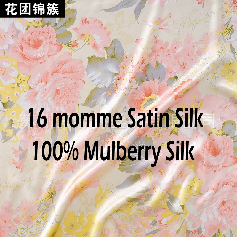 1 meter 100% Mulberry Silk 16mm Flowers Printed satin Silk Fabric 114cm 44\