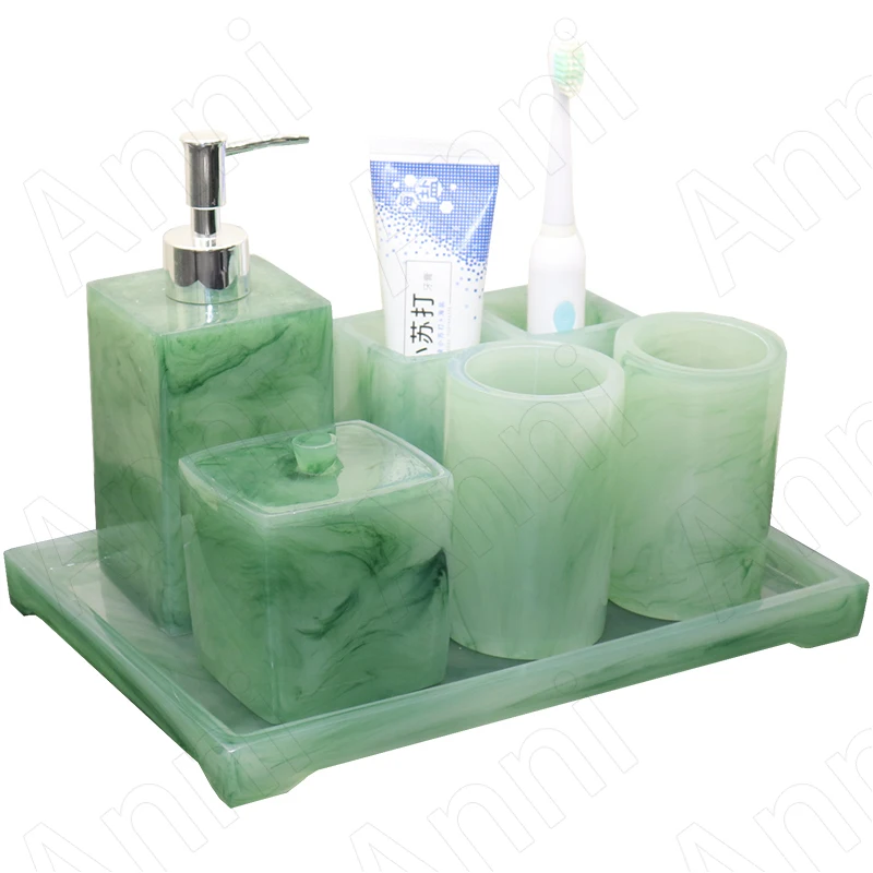 

Jade Green Resin Shower Accessories European Modern Restroom Toothbrush Holder Five Piece Set Bathroom Decoration Accessories