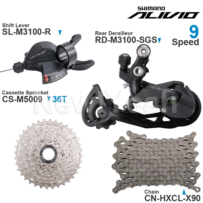 SHIMANO ALIVIO M3100 9 Speed Groupset M3100 Shifter Rear Derailleur and SUGEK Cassette Sprocket 36/42/46T X90 Chain Parts