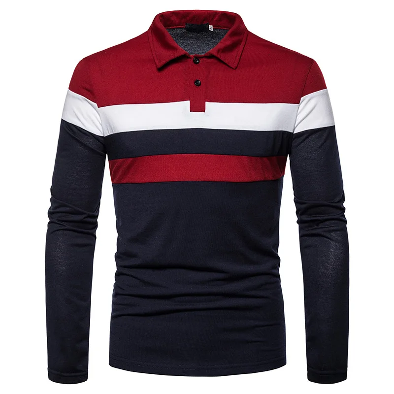 Polo Shirts Men Stripe Long Sleeve Mens Casual Fashion Contrast Color Business Casual Turn Down Collar Polo Shirts Male Tops