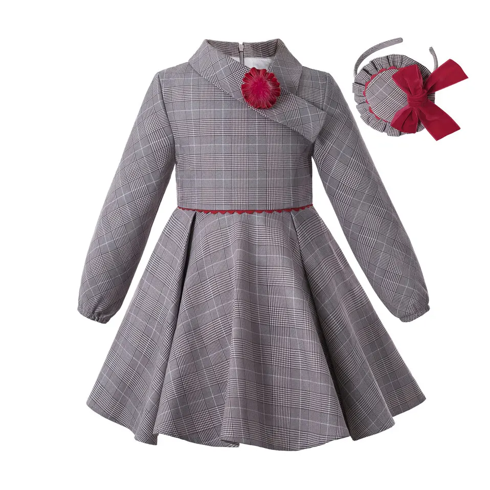 Pettigirl Winter Grey Grid Asymmetrical Collar Girl Dresses for Girls with Handmade Flower Vintage Kids Clothes Outfits