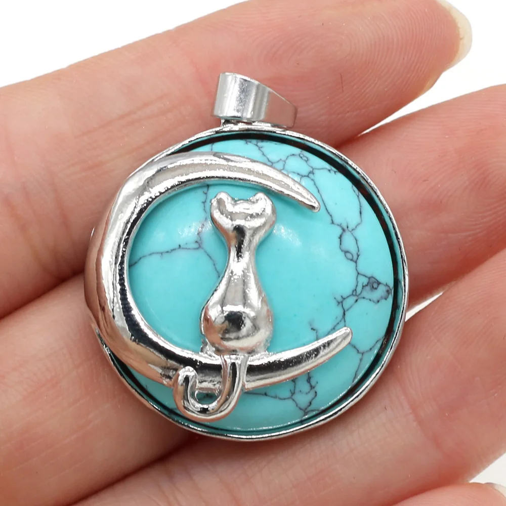 Natural Stone Crystal Turquoise Charms Cat Alloy Quartz Pendant for Making Jewelry DIY Necklace Bracelet Accessories 28x32mm