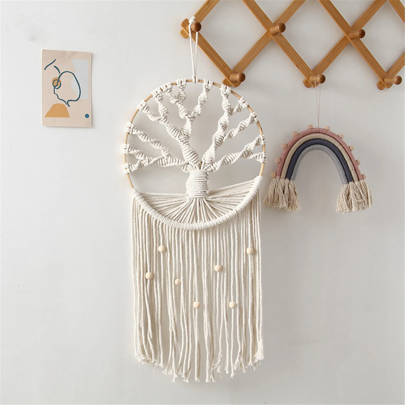 Bohemian Style Woven Tapestry Wall Decoration Nordic Wall Hanging Decoration Natural Cotton Rope And Beech For Home