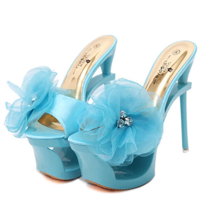 Voesnees Summer Shoes Women Platforms 2021New Sandals and Slippers Blue Satin Chiffon Floral Diamond Waterproof Profiled Shoes