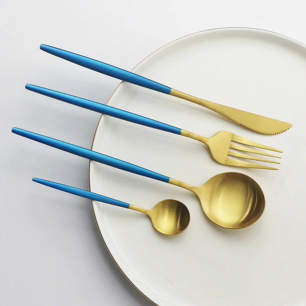36Pcs Blue Gold Matte Flatware Cutlery Set Stainless Steel Dinnerware Set Tableware Dessert Fork Coffee Spoon Silverware Set