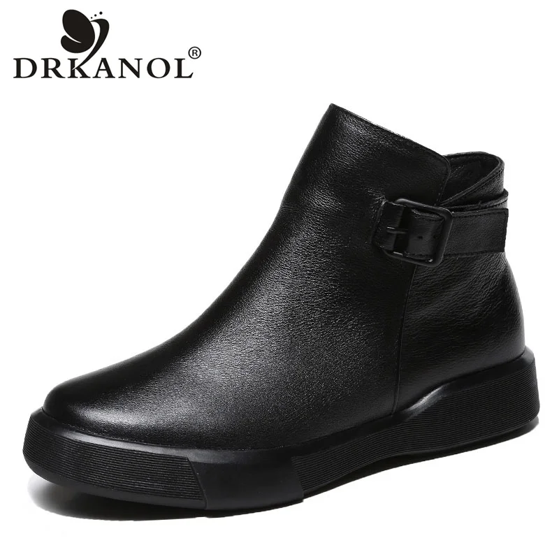 

DRKANOL Classic Black Women Boots 100% Genuine Leather Side Zipper Flat Ankle Boots For Women Autumn Winter Warm Casual Shoes