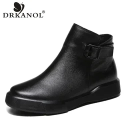 DRKANOL Classic Black Women Boots 100% Genuine Leather Side Zipper Flat Ankle Boots For Women Autumn Winter Warm Casual Shoes