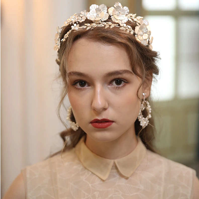 Big Floral Bridal Crown Hair Tiara Silver Color Leaf Wedding Headpiece Handmade Women Party Prom Hairband Hair Jewelry