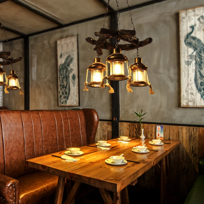 Loft Country Retro Industrial Dining Room Chandelier Light Kitchen Table Lamp Creative Nostalgic Resin Hemp Rope Pendant Lamp