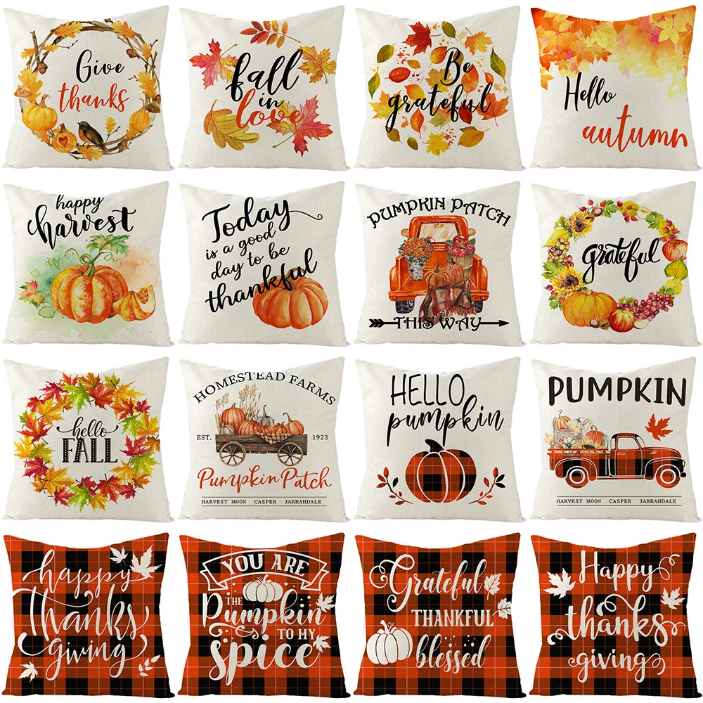 Fall Pumpkin Cushion Covers 18x18 Inch Farmhouse Decor Thanksgiving Buffalo Check Linen Throw Pillow Covers Happy Thanksgiving