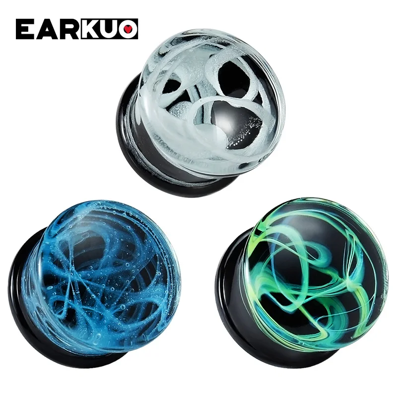 EARKUO Promotion Selling Heart Flower Milky Way Glass Ear Gauges Stretchers Piercing Body Jewelry Ear Plugs Tunnels 2PCS 6-25mm