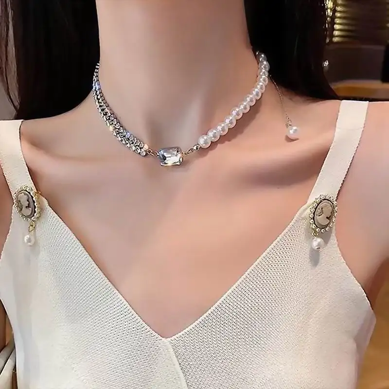 Korean Fashion Choker Necklace With Rhinestones Pearl Chain Women Jewelry Temperament Party Collares