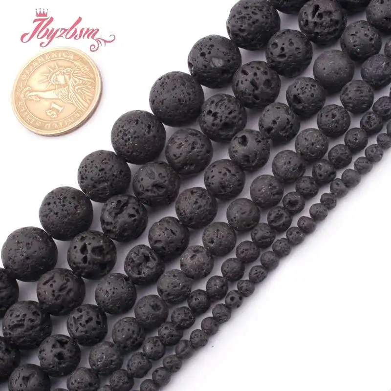 4,6,8,10mm Natural Lava Rock Round Black Loose Beads Natural Stone Beads For DIY Necklace Bracelat Jewelry Making Strand 15