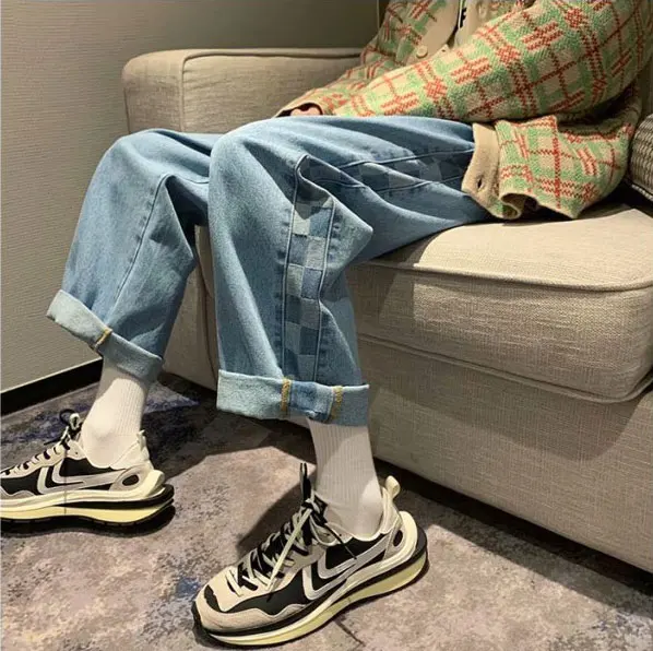 2021 spring new plaid jeans menmen's loose straight men's check trend mid Waist Wide Leg Capris jeans men
