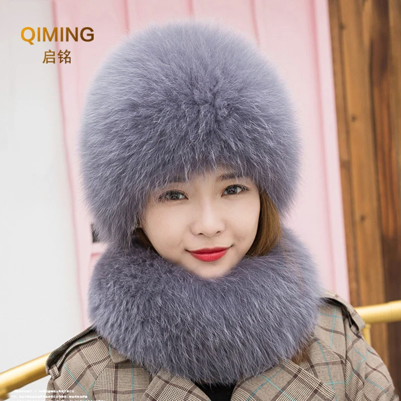 Women Knitted Real Fox Fur Hat Hooded Scarf Fashion Beanies Winter Hats For Woman Cap Warm Natural Fur Hat With Neck Scarves