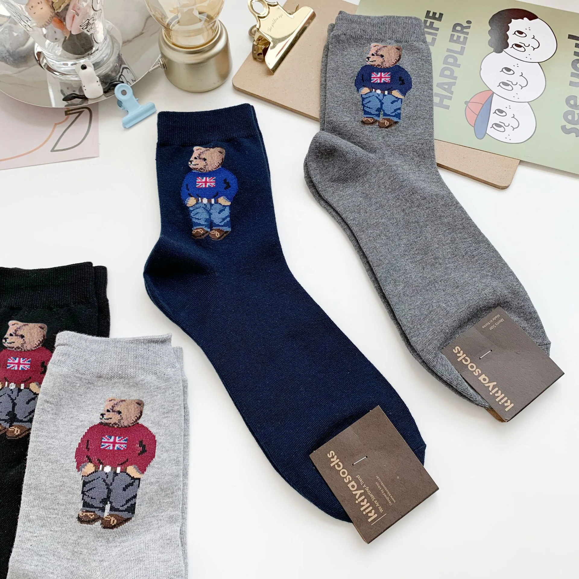 1 Pair Cartoon Gentleman Bear Men\'s Socks Comfortable Harajuku Skateboard Socks Novelty Breathable Sox Christmas Gift