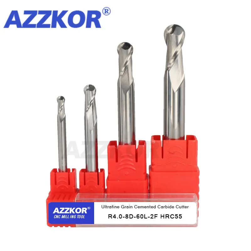 Aluminum Ball Nose Endmills Alloy Coating Tungsten Steel Tool Cnc Maching Hrc55 Top AZZKOR Milling Cutter Machine Endmill R1.0