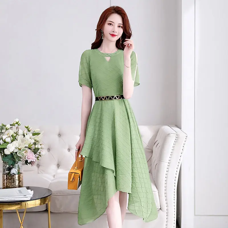 Irregular Hem Chiffon Summer Dress For Women 2024 Fashion O-Neck Short Sleeve Slim Knee-Length Zipper Oversize High Quality