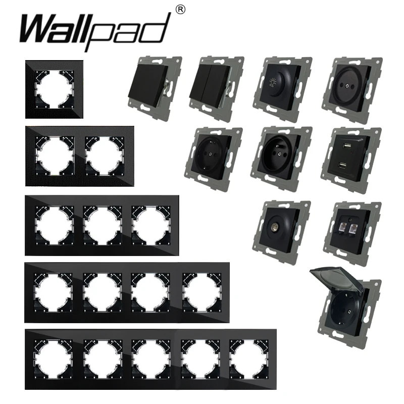 

EU DIY Black Crystal Glass Wallpad 1 2 Gang Ligh Reset Curtain Switch USB Cat6 Data EU French Switch Socket Round Back EU Box