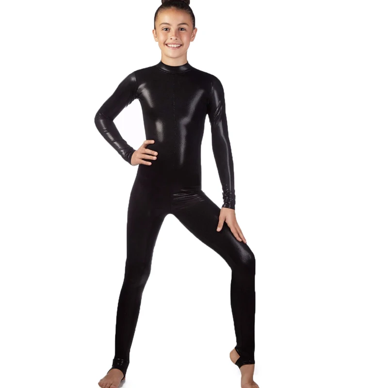 Детский блестящий металлический спандекс с длинными рукавами и высоким воротом, танцевальный костюм, боди со стременами, комбинезоны для гимнастики, купальник
