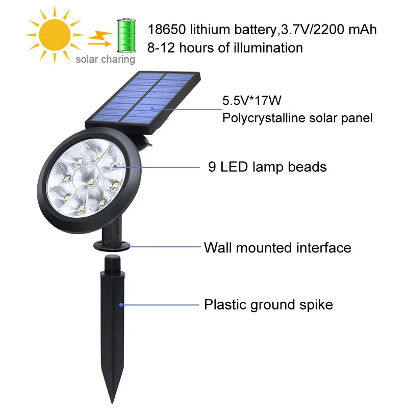 9 LED solar light change color / be fixed color solar  powered buried lawn lamp outdoor waterproof garden decorative solar light