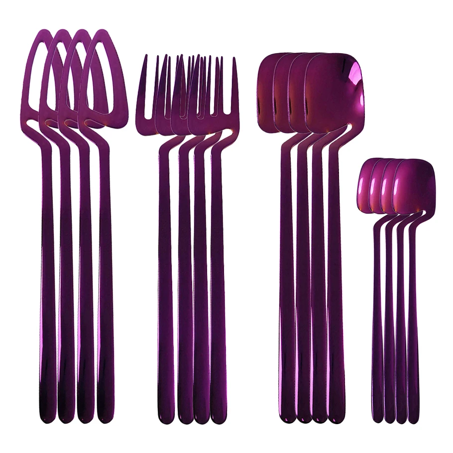 16Pcs Purple Tableware Set Cutlery Knife Fork Spoon Dinner Set Gold Silverware Set Stainless Steel Flatware Kitchen Dinnerware