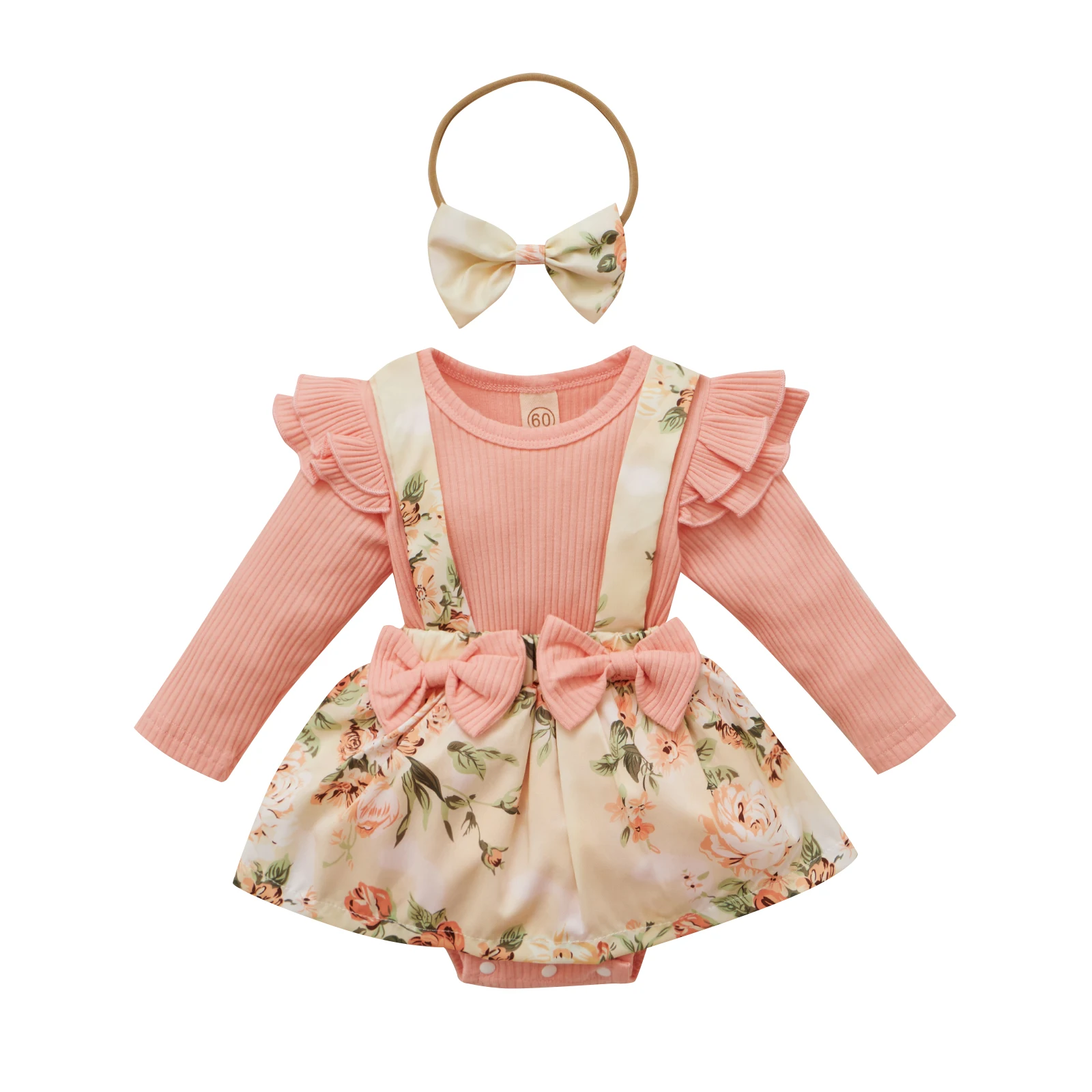 

0-24 Months 2Pcs Baby Outfit Floral Splicing O-Neck Long Sleeves Suspenders Skirt Romper + Hairband For Toddler Girls For Summer