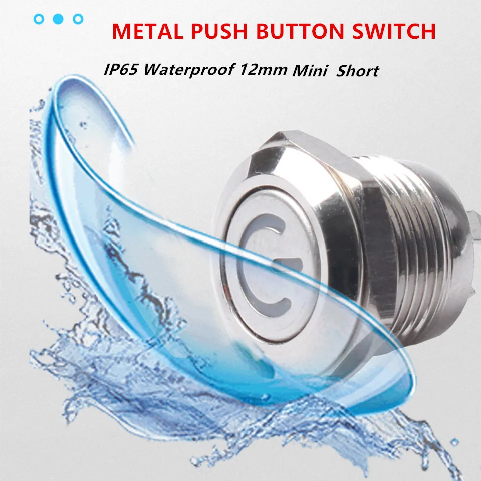 Waterproof IP65 12mm Flat /High head Without Lamp Power Led Light Momentary Electric  Short Mini Metal Push Button Switch