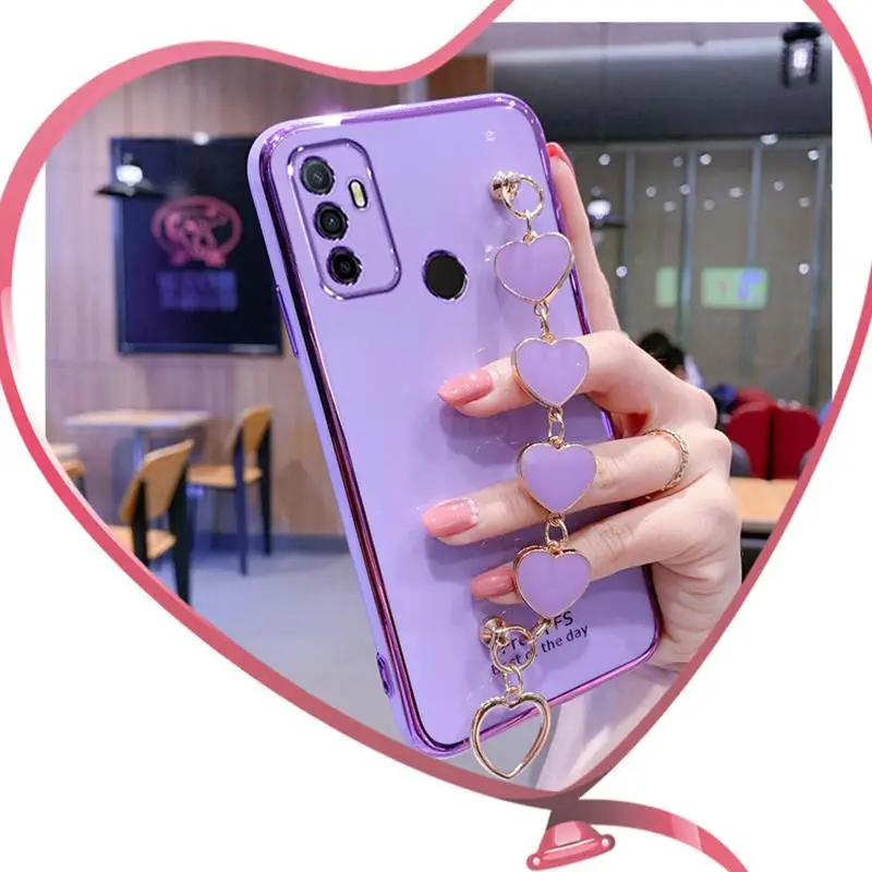 Wrist Bracelet Phone Case for Oppo A53 2020 Case Luxury Love Heart Chain Plating Cover Capa oppo A53S A32 A53 2020 Soft silicone