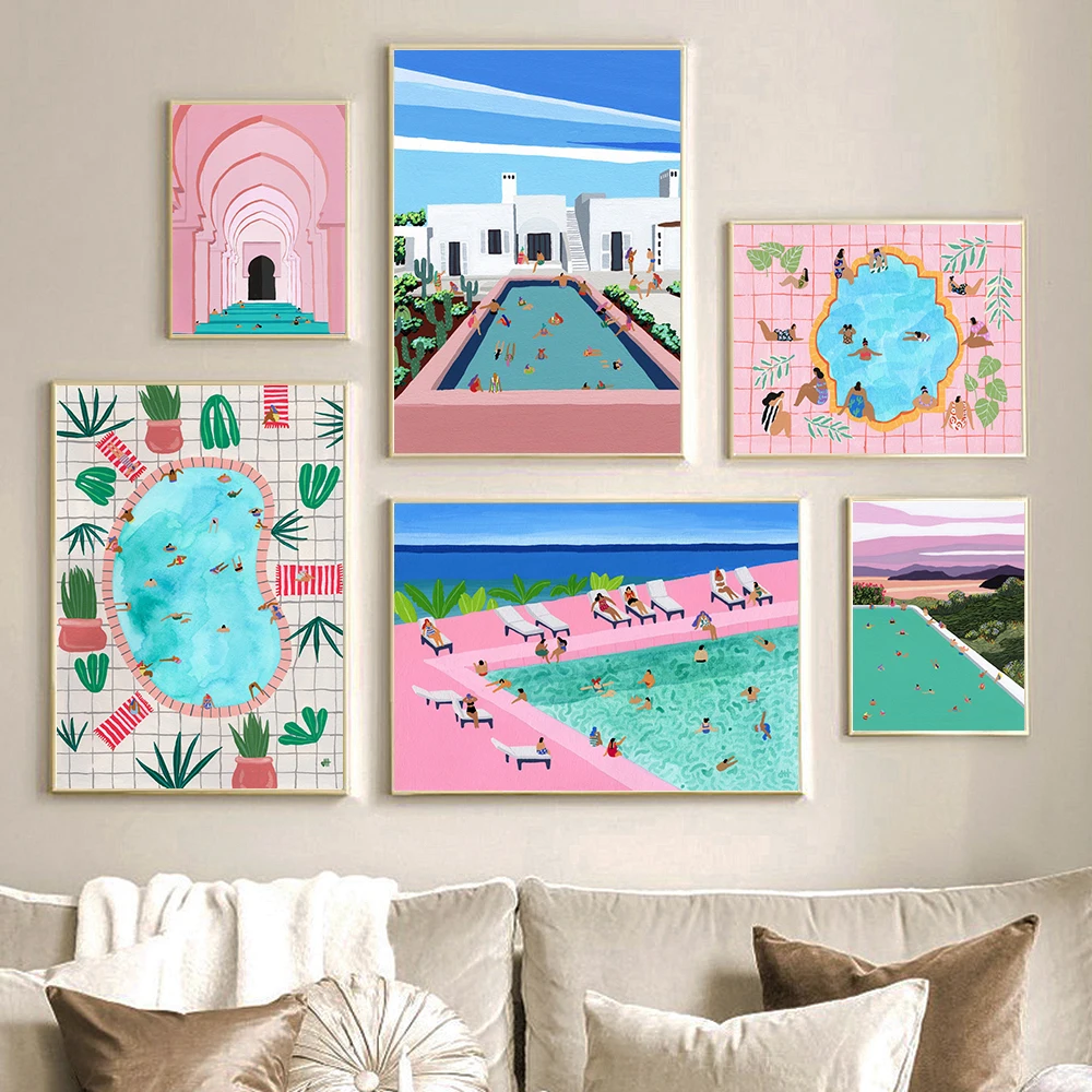 Scandinavian Pink Coastal Poster Summer Pool Party Beach Swimming Abstract Wall Art, Canvas Print, Decor Picture for Living Room