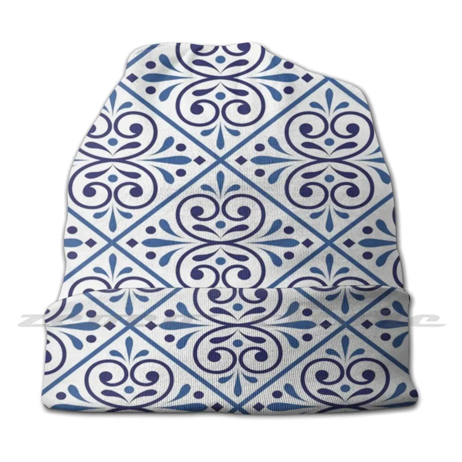 Blue And White Decorative Tile Pattern Diy Pullover Cap Knit Hat Plus Size Keep Warm Elastic Soft Seamless Azulejo Panel Tiles