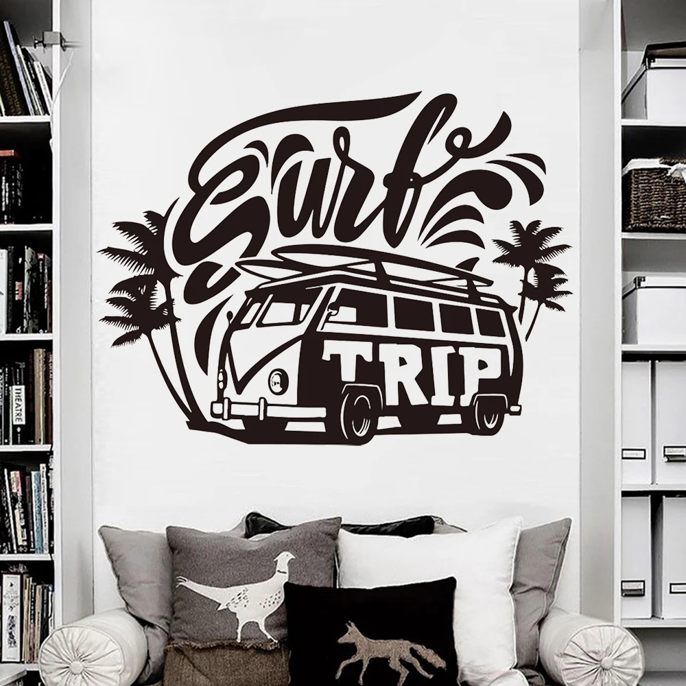 

Volkswagen Car Vehicle Wall Decals Surf Trip Hippie Car Wall Decal Palm Tree Beach Surfing Sticker Vinyl Home Decor Mural X881