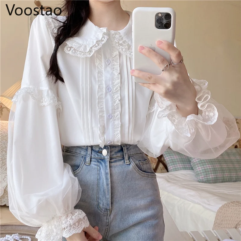 Japanese Sweet Lolita Style Blouses Girls Cute Lace Ruffles White JK Shirts Women Preppy Chic Kawaii Long Sleeve Blusas Mujer