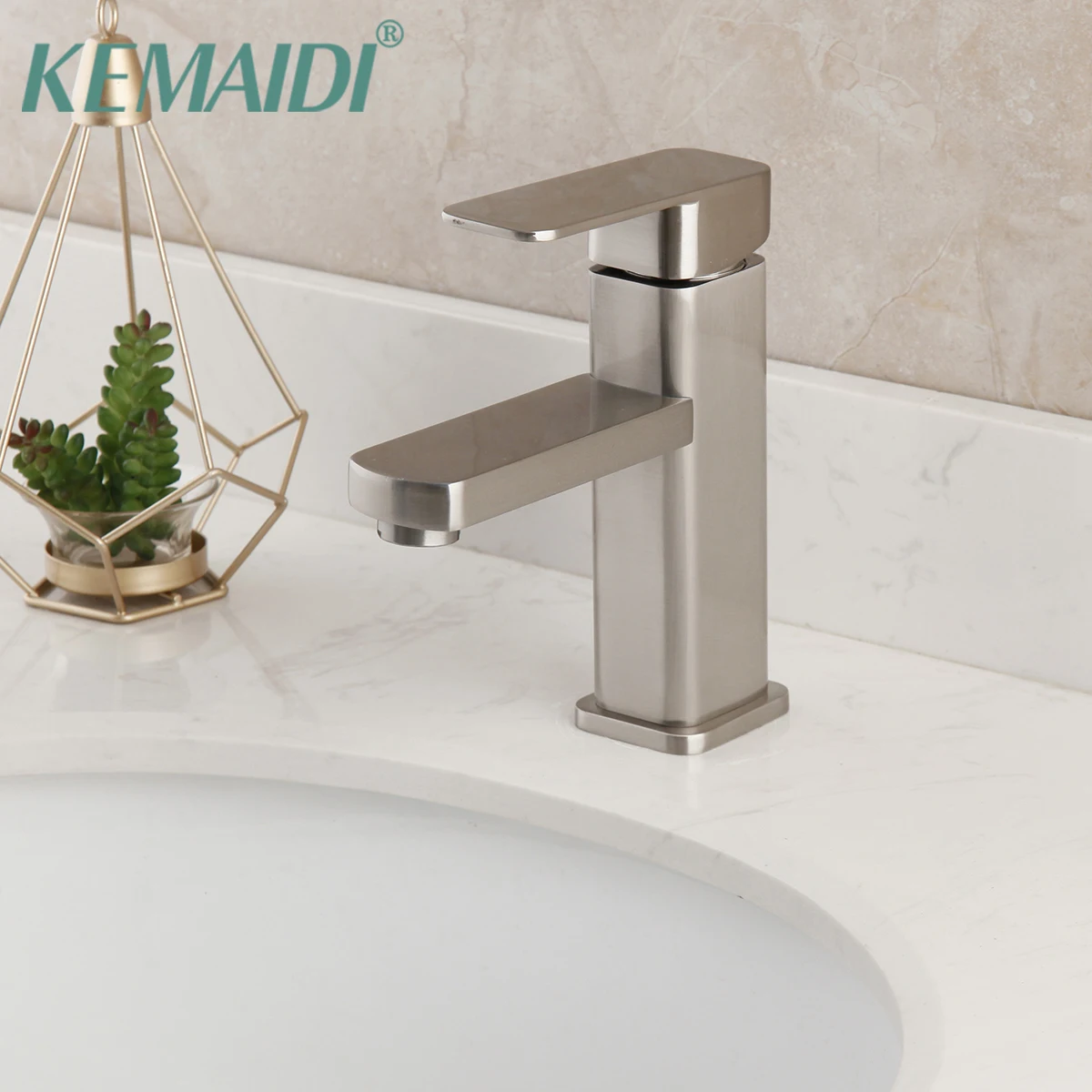 

KEMAIDI Bathroom Basin Mixer Tap Nickel Brushed Water Mixer Faucet Stainless Steel Deck Mounted Hot & Cold Basin Faucet