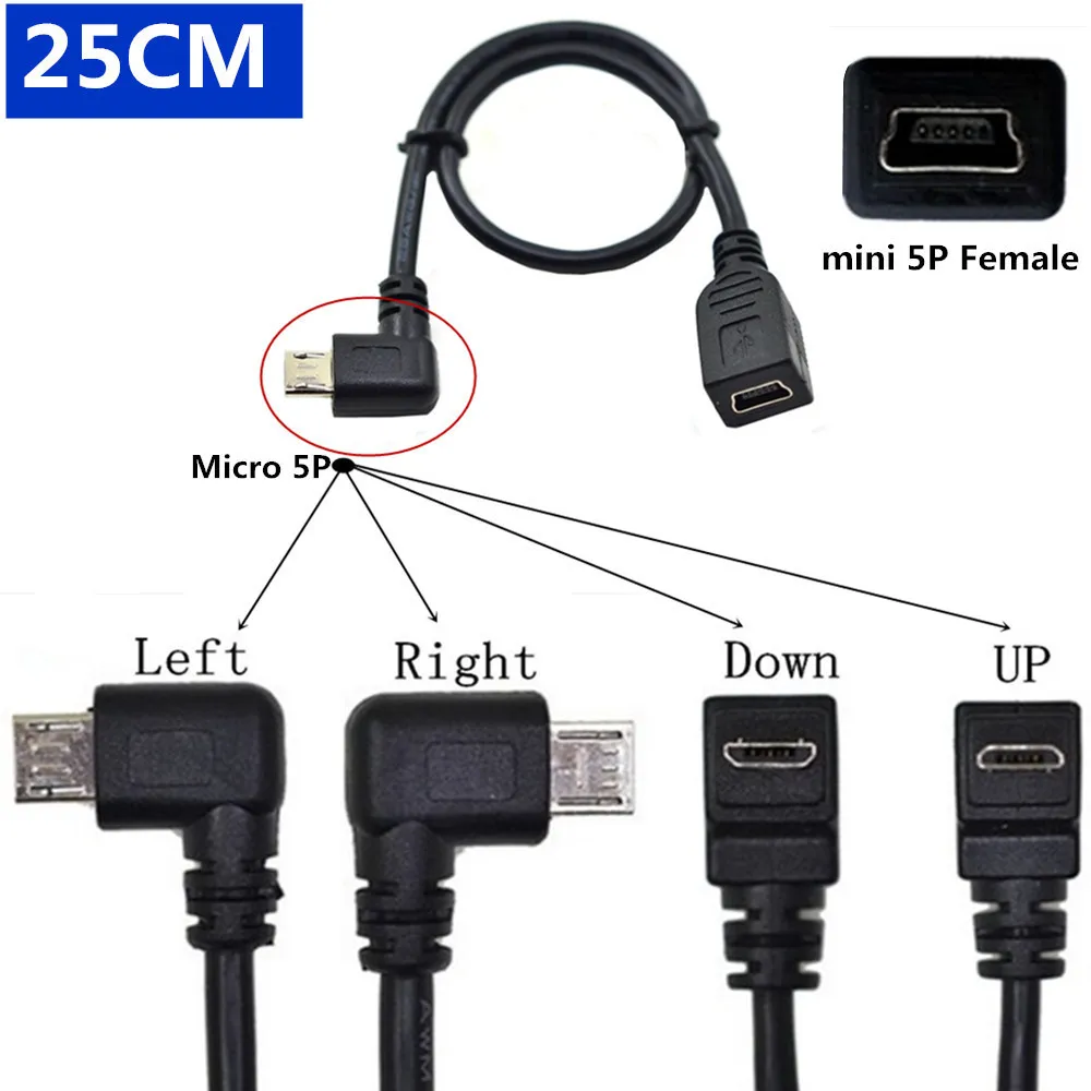 90 Degree Down&Up&Right & Left Angled Micro USB 2.0 5Pin Male to mini usb Female Extension connector Adapter Long plug Connector