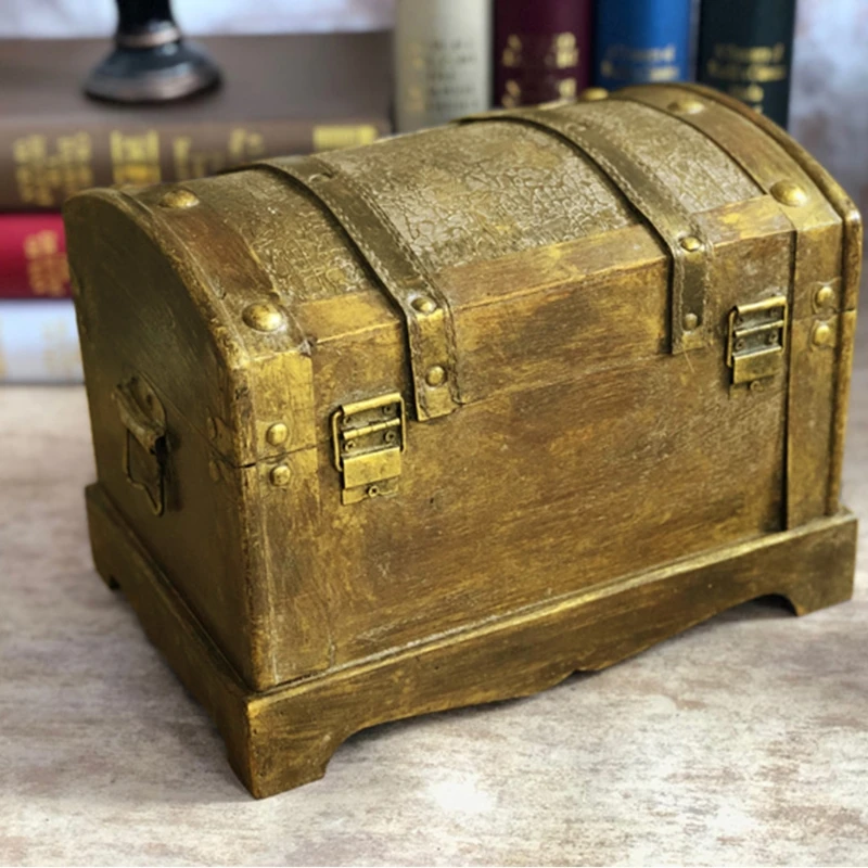 Retro Wooden Box Desktop Ornament Treasure Chest Gem Vintage Jewelry Storage Box