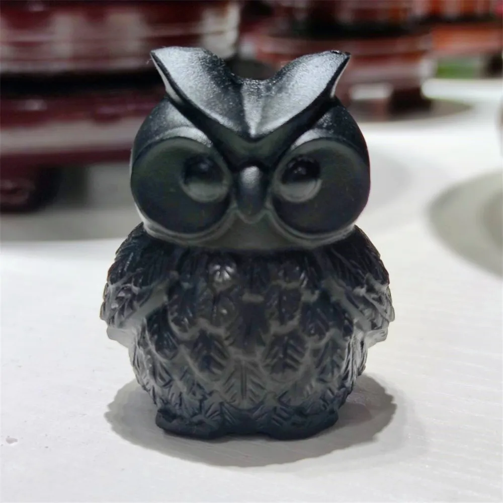1Pcs Natural Obsidian Quartz Animal Owl Figurine Hand Carved Ornaments Crystal Polished Reiki Healing Stones Gemstones Home Gift