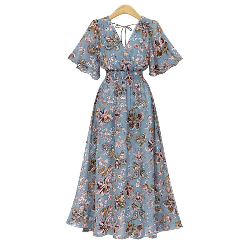 2021 New Floral Women Dress Bohemian Sexy V-Neck A-Line Short Sleeves Chiffon Dresses Summer Vintage Beach Print Long Dress