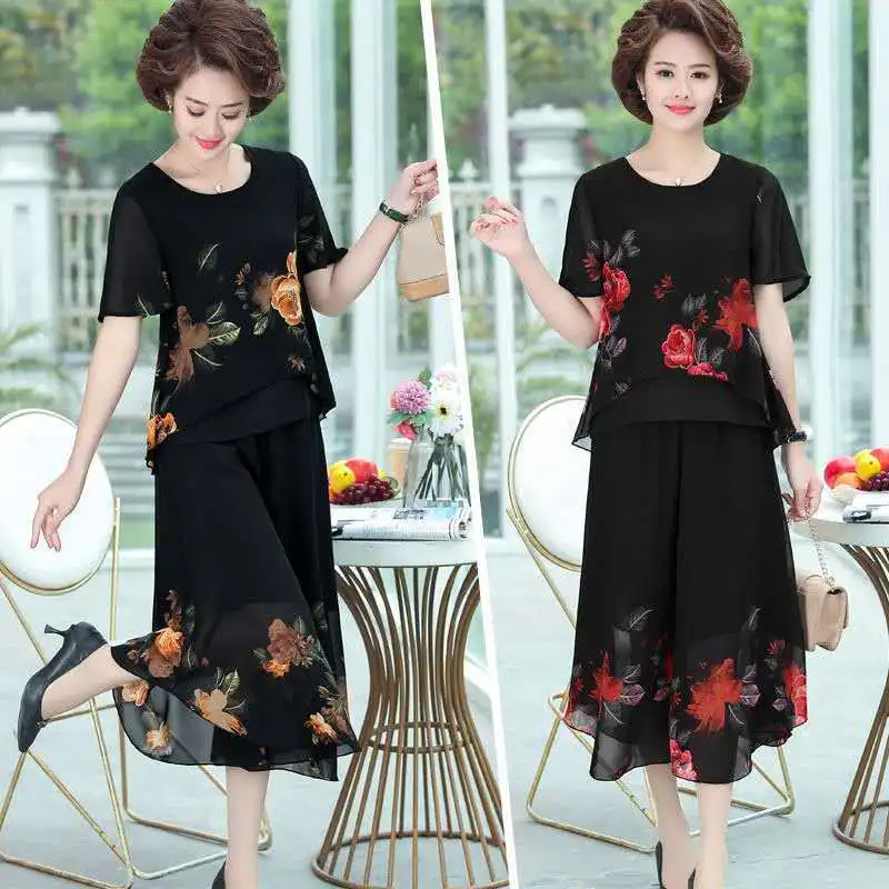 Fashion Mother Summer Chiffon Print Top Skirt Pants Suit Short-Sleeved Middle-Aged and Elderly Women Two-Piece Sets Women 5XL