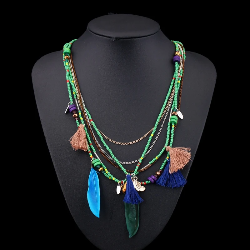 Bohemian Layers Necklaces Beads Tassel Long Ethnic Feather Statement Necklace For Women Jewelry Collar