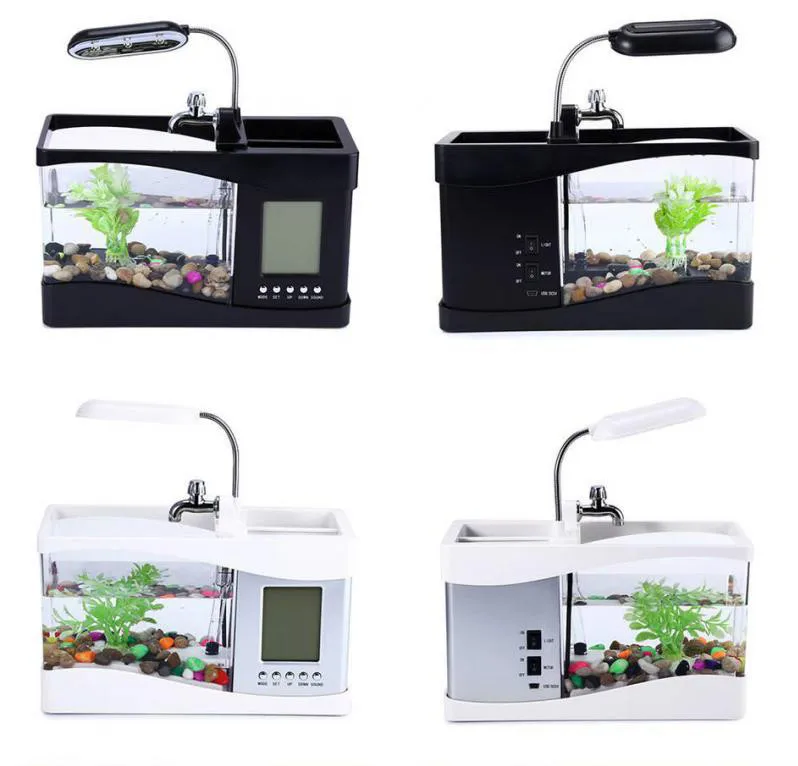 USB Mini Aquarium Fish Tank Desktop Electronic Fish Tank Decoration With Water Running LED Pump Light Calendar Clock White&black