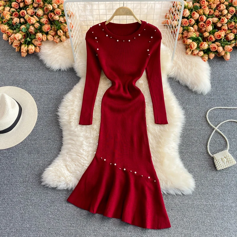 Women Knitted Mermaid Dress Design Beading Long Sleeve Slim Ruffles Dresses Autumn Winter Korean Bodycon Sweater Knitwear