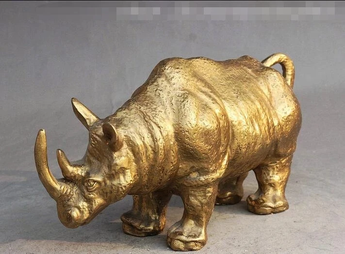 

21cm Folk Chinese FengShui Brass Carved rhinoceros Animal Decorate Statue Statuette