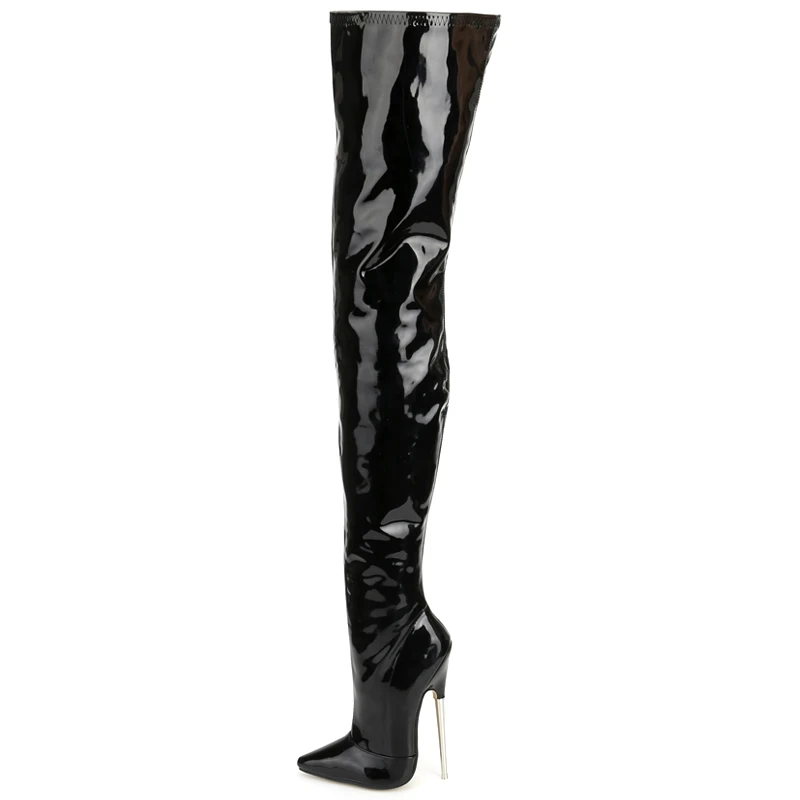 Women Over-the-knee Boots 18CM Super High Heel Pointed toe PU Leather Metal Heels Zip Sexy Fetish Crotch Long Boots Custom Made