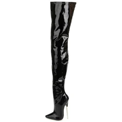 Stivali sopra il ginocchio da donna 18CM tacco Super alto punta a punta in pelle PU tacchi in metallo Zip Sexy Fetish cavallo stivali lunghi su misura