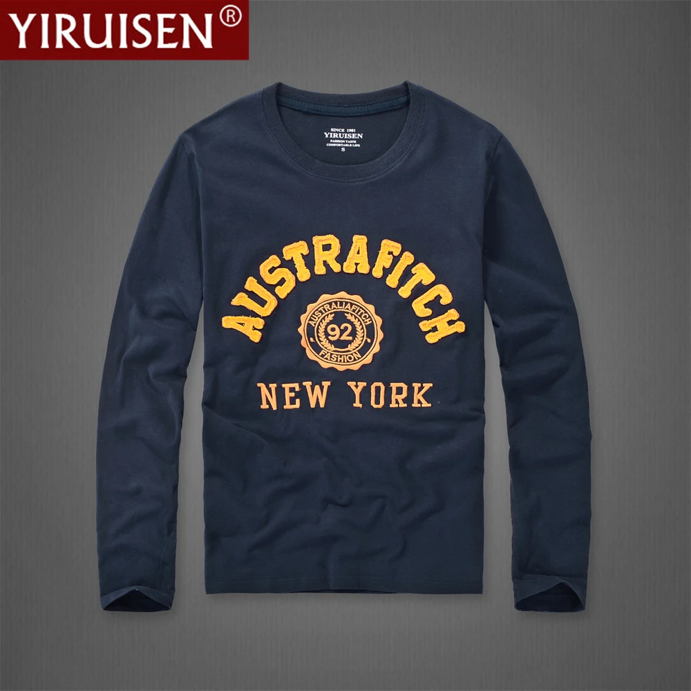 YiRuiSen Brand Autumn Clothing Mens Fashion Long Sleeve T Shirt 100% Cotton Letter Patchwork Design Soft Casual T Shirts For Men