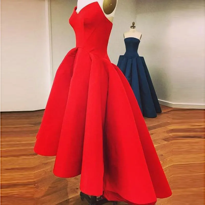 Robe Femme V-neck Short Dress Evening Dress Satin Robe De Soiree Longue Formal Dress Abiye Gece Elbisesi Red High-low Lace-up