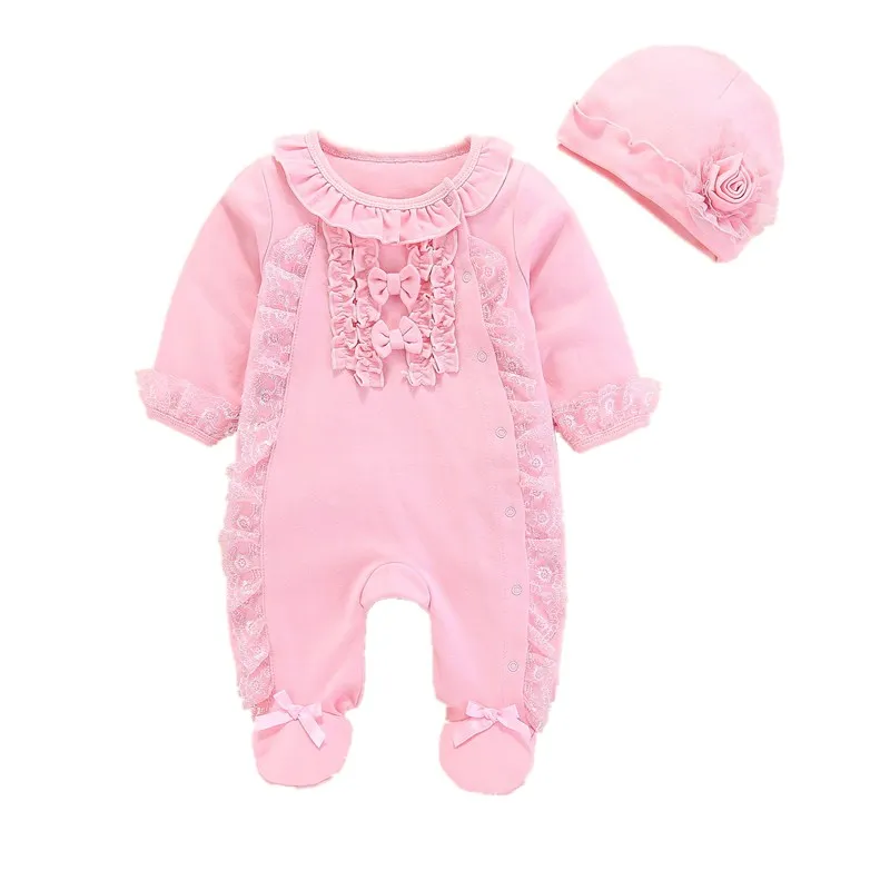 Newborn Baby Jumpsuit With Footies Cotton Pink Lace Ruffle Footies Long Sleeve Jumpsuit Outfit 0 3 6 Months Baby Girl Clothing