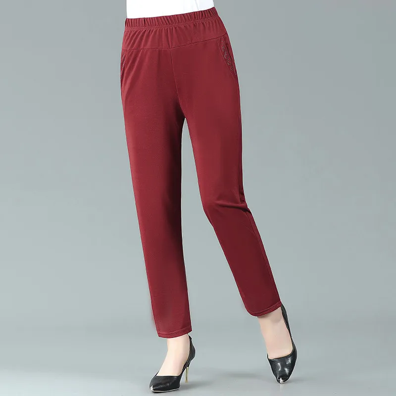 Middle Aged and Old Women Spring Summer Pant Thin Elastic Waist Loose Cotton Mother Long Casual Trousers XL-5XL