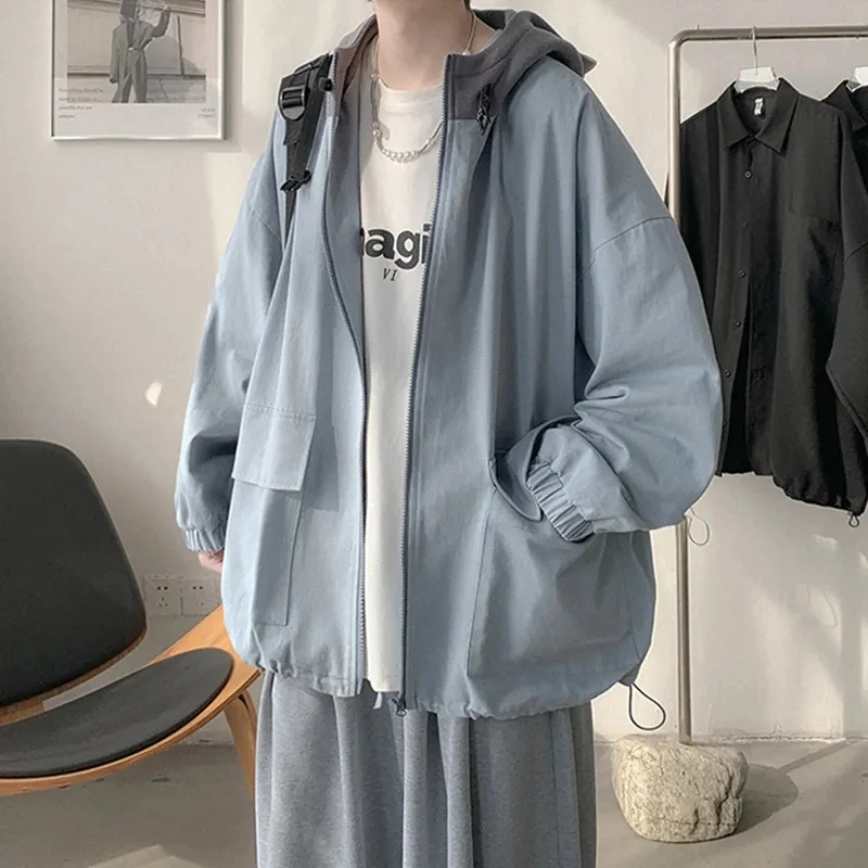

Men Jacket Japanese Loose Hip-Hop Hooded Coat Spring Autumn Clothing Korean Solid Casual Tops Pocket Zipper Outwear Veste Homme